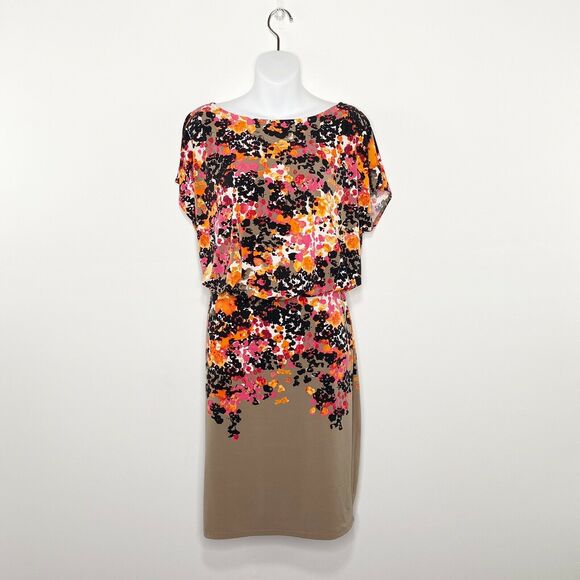 Evan-Picone Dress Size 12 Floral Taupe/Black/Pink Adj Waistline Cold Shoulder - Picture 1 of 11